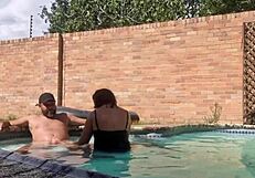 In the swimming pool, amateurs enjoy huge cocks and moaning orgasms outdoors
