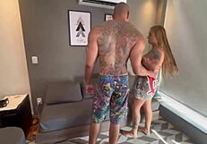 Hey, we invited the neighbor over and he totally opened my ass in sheer red lingerie