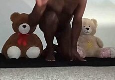 Enjoying a fun threesome with furry toy bears