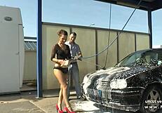 Pretty Young French Babe Hard Sodomized in Public Carwash, Wow!