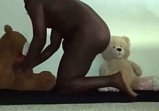 Enjoying a fun threesome with furry toy bears