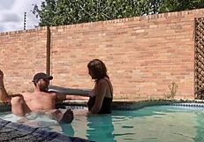 In the swimming pool, amateurs enjoy huge cocks and moaning orgasms outdoors