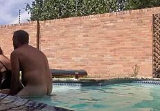 In the swimming pool, amateurs enjoy huge cocks and moaning orgasms outdoors