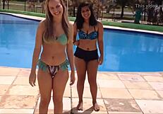 Best friends compete in yoga challenge at the pool