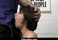 Mall officer strips and searches teen for stolen goods at lifterhub. Garage domination unfolds.