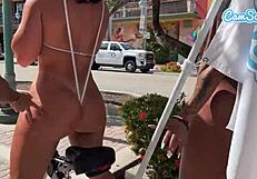 big ass latinas ride electric trikes at public beach big booty