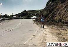 Hot girl gets a footjob from a man she met while hitchhiking