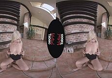 blonde babe rocks shaved pussy in denim for virtual taboo orgasm 😈