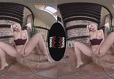 blonde babe rocks shaved pussy in denim for virtual taboo orgasm 😈