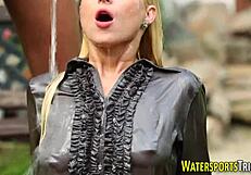 Watersports whore gets fucked with blowjob and golden shower outdoors