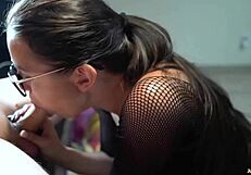 Young girlfriend gives blow job and jerks off her boyfriend after work
