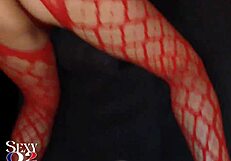 white amateur milf in red fishnet body suit gets fucked doggy style pov