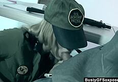 Shaved pussy army babe fingering and cunilingus action