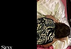 French slut deepthroats in satin panties, bent over for rimjob.