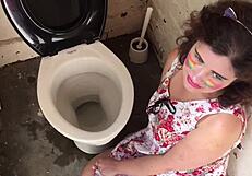 Damn! Swallowing cum and piss after gagging on cock in toilet