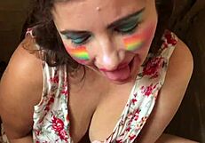 Damn! Swallowing cum and piss after gagging on cock in toilet