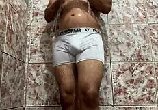 Taking Off White Underwear In The Shower