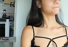 my horny stepsister collects my cum in a glass. then she swallows it all.