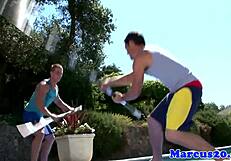 muscular gay bottom takes anal outdoors