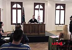 Sexy lawyer Helena Valentine negotiates double penetration at court with horny babe Aisha GP362