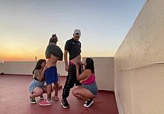 Two hot women from Argentina, big tits and round ass, getting fucked on the terrace