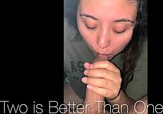 Close up of a hot Latina woman giving a blowjob to a big cock in lingerie