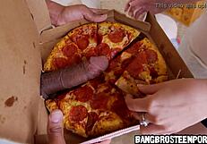 Petite brunette gets black cock in her pizza delivery