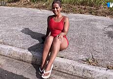 Milf shows off in public market, gets caught flashing ass