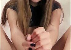 hot girl gives passionate footjob with dildo after college, feeling so horny.