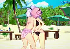 Yagy和Hibari在《闪乱神乐》Hentai中玩激烈女同和扶她性爱