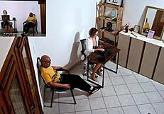 horny secretary masturbates then fucks harassing client on desk