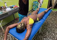 Beautiful woman gives a sensual massage with an erotic twist