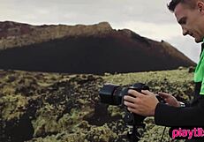 photographer shoots outdoor photos with her petite blonde model