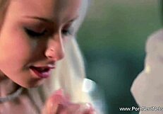 slow and sensual cfnm blowjob turns intense with gagging and choking