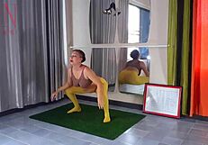 Regina Noir Strips in Yellow Tights at Gym Workout