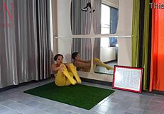 Regina Noir Strips in Yellow Tights at Gym Workout