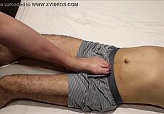 Femdom slaps cock for huge cumshot through underwear