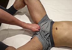 Femdom slaps cock for huge cumshot through underwear