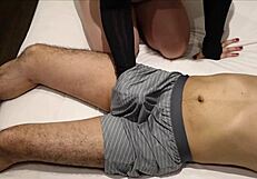 Femdom slaps cock for huge cumshot through underwear