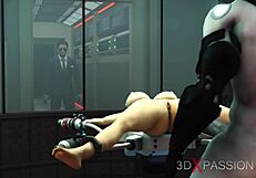 Shaved pussy blonde gets fucked by shemale cyborg in lab