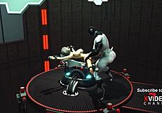 Shaved pussy blonde gets fucked by shemale cyborg in lab