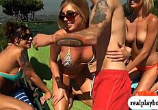 Big boobs babes share a hard cock outdoors.