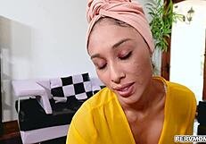 Arab milf Cali Lee gets horny and gives her hot stepson Alex Jett a tasty blowjob, swallowing all his cum