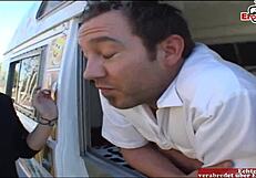 Blonde student with tiny tits picked up on street for car fuck and cum in mouth.