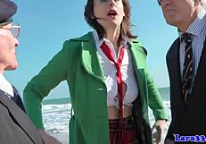 British Milf Spitroasted by Seniors in Stockings.