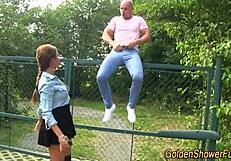 hey, this blowjob-loving whore with big tits is getting a golden shower and jizz facial outdoors.