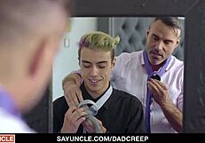 Hey, watch this muscular stepdad pound his teen stepson's tight hole with a huge cock 😏