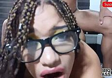 Big ass amateur gets creampied in hot threesome action