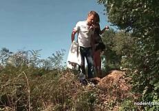 Amateur french brunette milf gets ass fucked in outdoor threeway with papy!