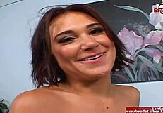 Slim brunette teen with small tits enjoys big black cock in interracial casting!